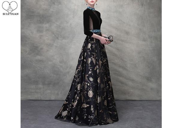 Birds Pattern Black Long Sleeve Ball Gown Blue Diamonds Beaded Back Hollow