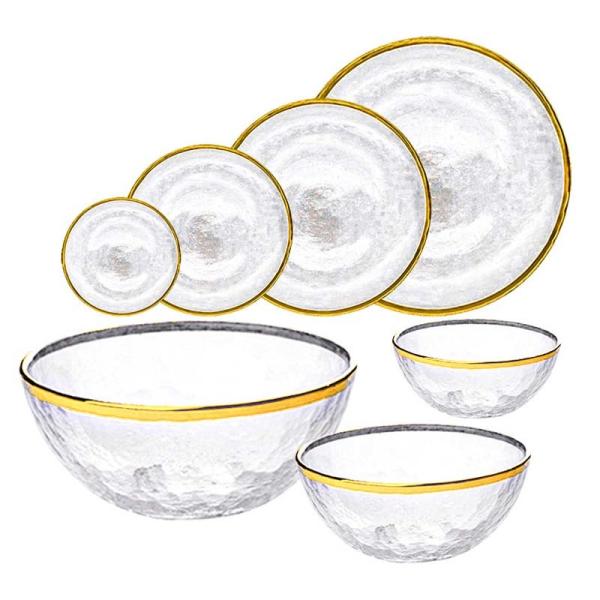 Plaque de chargement en verre de 13 pouces soufflée à la main avec ensemble de bol avec bordure en or Durable pour le dîner