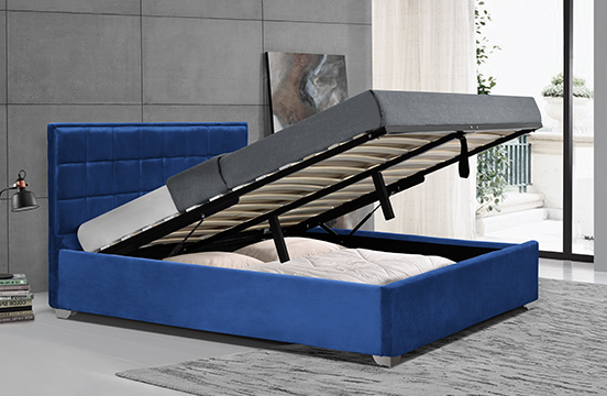 Ottoman Velvet Blue Storage Bed Frame With Plastic Legs