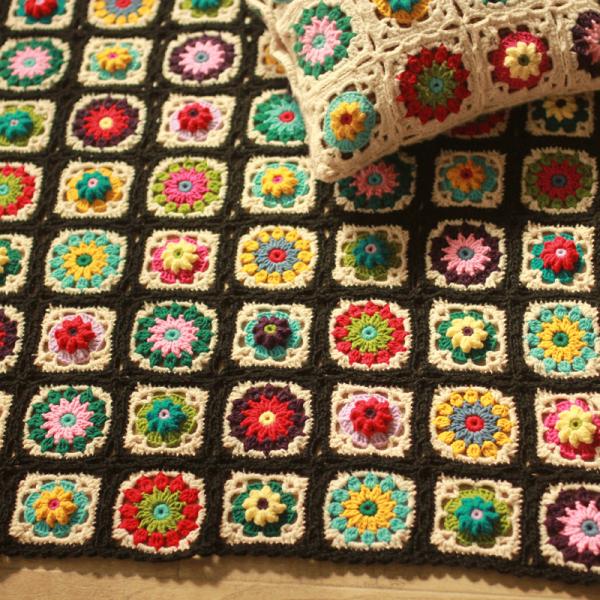 Y-F 90*40 Black Daisy Hippy Flower Crochet Dining Bench Chair Pads Sofa Seat Cushion Cover Granny Blanket
