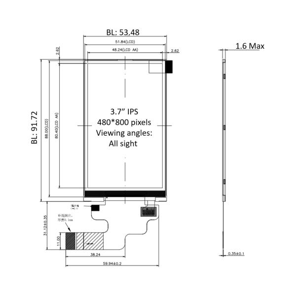 3.7 дюймовый TFT LCD дисплей 480x800 пикселей Mipi/RGB интерфейс