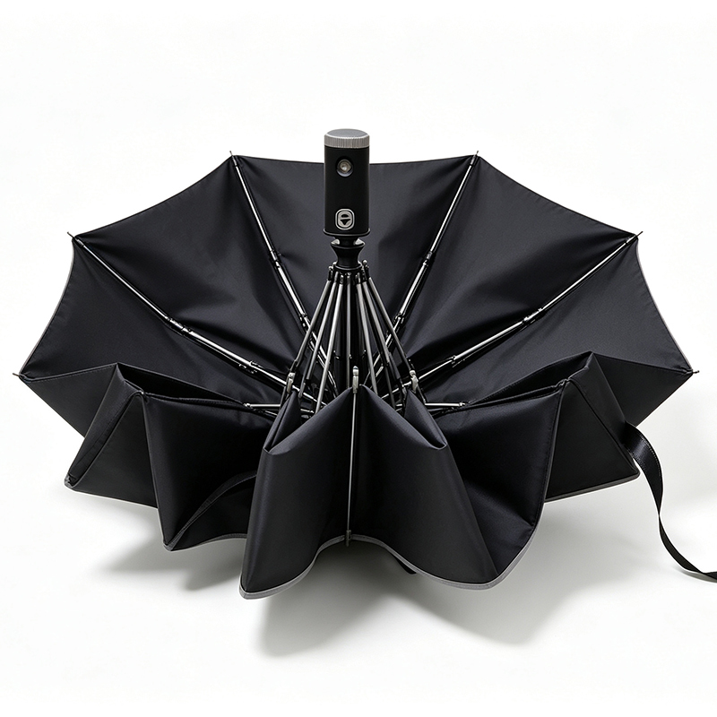 Automatic Folding Umbrella with Built-in LED Flashlight Night Reflective Strips and Aluminum Fiberglass Frame