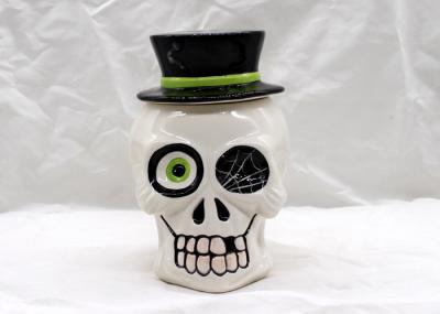 Large Ceramic Skull Cookie Jar , Halloween Decoration Dolomite White Cookie Jar With Lid
