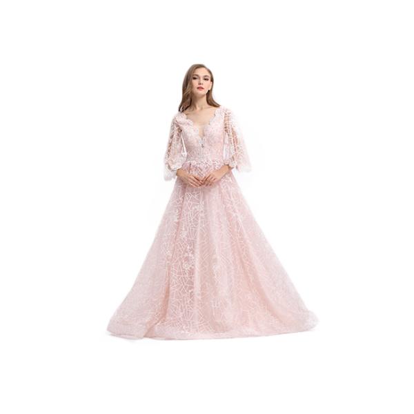 V Neck Pink Half Sleeve Prom Dress , Organza Evening Dresses With Sleeves