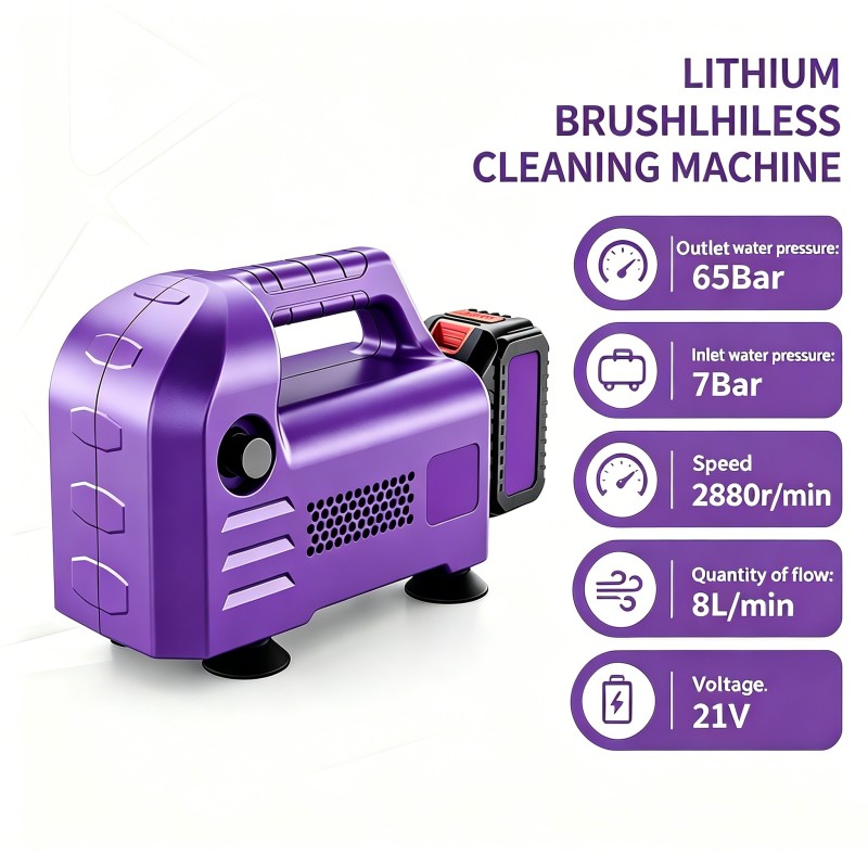 21V Cordless Brushless Cleaning Machine 65Bar High Pressure 8L/min 2880r/min Portable Power Washer Car Patio Outdoor Use
