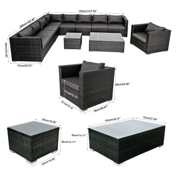 8 Pieces Set Modular Outdoor Rattan Sofa Set with Cushions L Shaped Patio Furniture Set for Garden Backyard