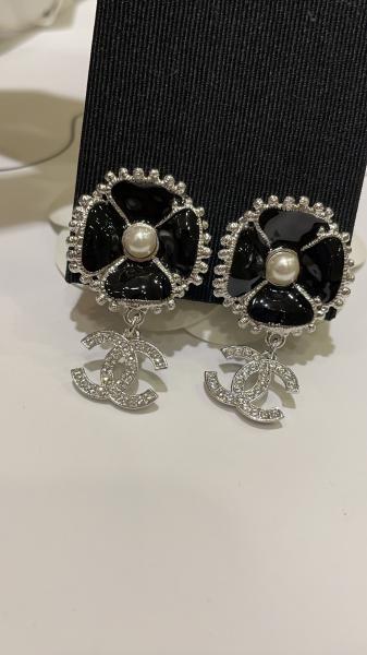 23K Gold Black Enamel Camellia Diamond Double C Drop Earrings