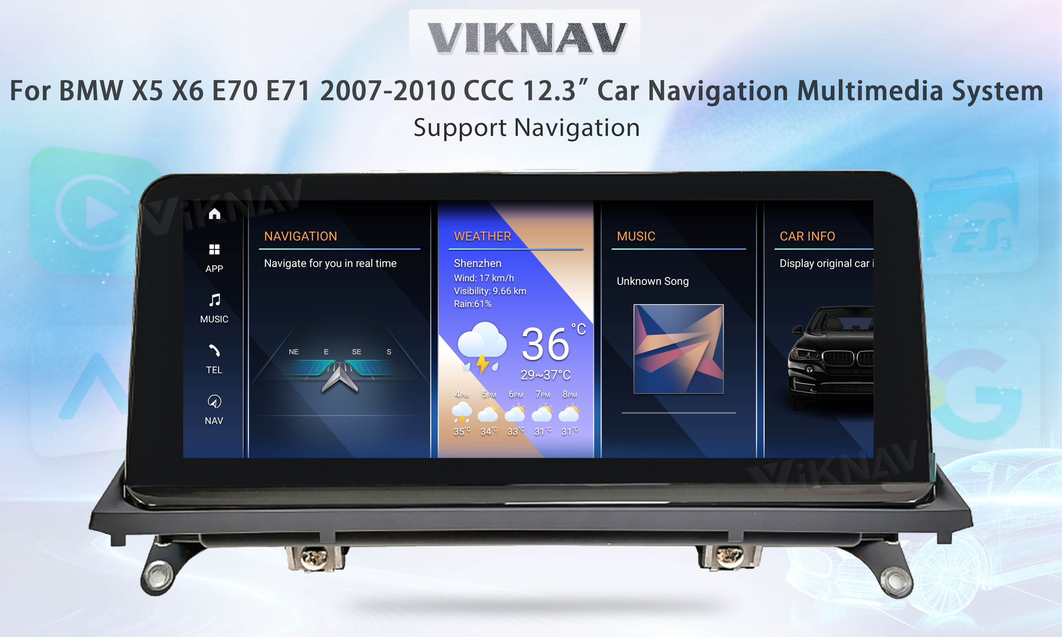 Авторадио Viknav 12,3 дюйма Для BMW X5 X6 E70 E71 2007-2010 Система поддержки CCC Беспроводная Apple CarPlay Android Auto Multim