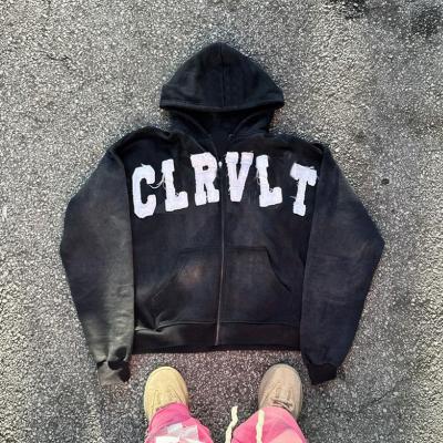 Logo de broderie personnalisé Unisexe déprimé Hoodies poids lourd Pullover surdimensionné Soleil décoloré Fermeture à glissière Hoodie de lavage acide