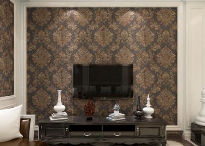 Removable Victorian Damask Wallpaper Embossed Black and Golden Pattern , 0.53*10m/ roll