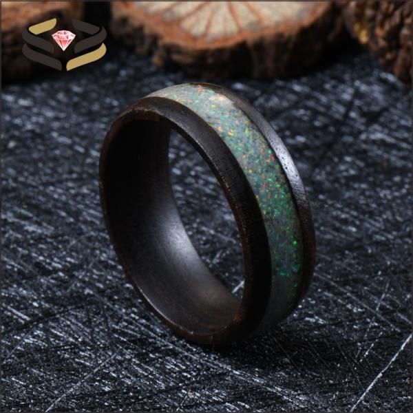 Naturaleza de la boda Koa Anillos de madera 8mm incrustación de ópal de fuego blanco con configuración invisible