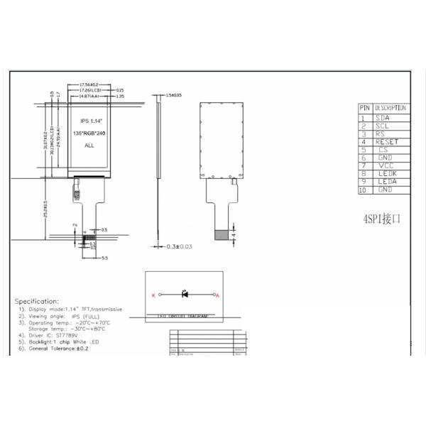 1.14 Inch TFT LCD Display Module , 135X240 Resolution, 220nits 10 Pin 4SPI Interface