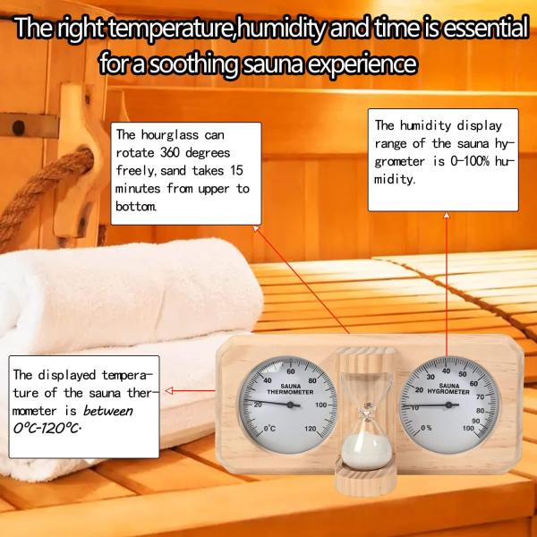 Modern Design 3 in 1 Wooden Sauna Thermometer and Hygrometer with 15 Minute Hourglass Sand Timer