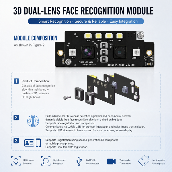 JP-FM888 Infrared + Visible Light Dual-Lens Facial Recognition Algorithm Module UART Baud Rate 115200 (default)