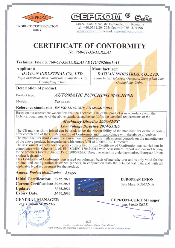 Dayuan Industrial Co., Ltd. Certifications