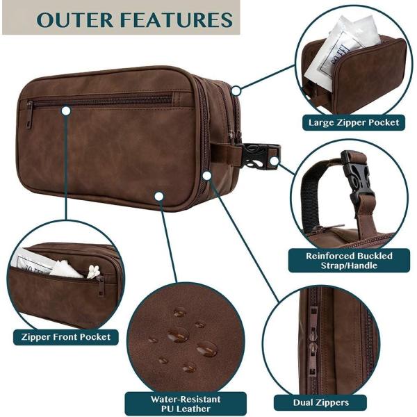 Dopp Kit resistente al agua de color marrón oscuro PU Bolso de afeitar de cuero organizador de bolso de viaje para accesorios higiene cosmética