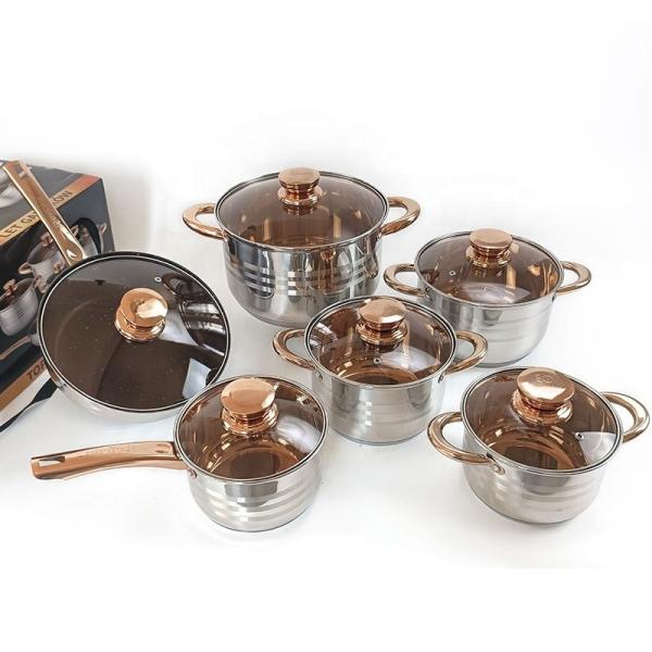 Home Cooking 12pcs Cookware Set Golden Handle Kitchen Pots Stainless Steel Cookware Pan Set Cooking Pot Set