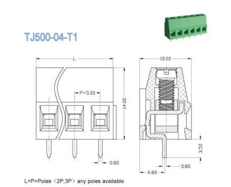 5.0mm Pcb Terminal Block Connectors 10A Green PA66 Brass 300V 2-28 Poles