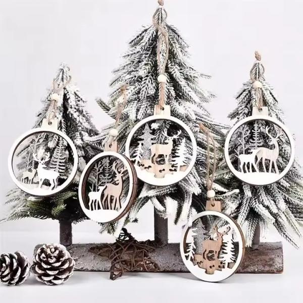 Wooden Christmas tree hanging ornaments create a Christmas family atmosphere