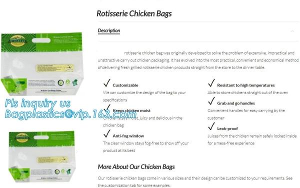 Anti Fog Hot Rotisserie Chicken Bags, Microwaveable Roasted meat Packaging Bag With Resealable Slider Zipper