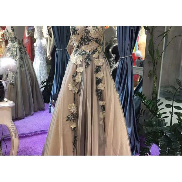 Sleeveless Backless Ball Gown , Champagne Tulle Prom Dress Embroidery Flowers
