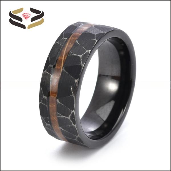 Black Tungsten Carbide Ring With Offset Groove Whiskey Barrel Wood Stone Deer Antler Inlay