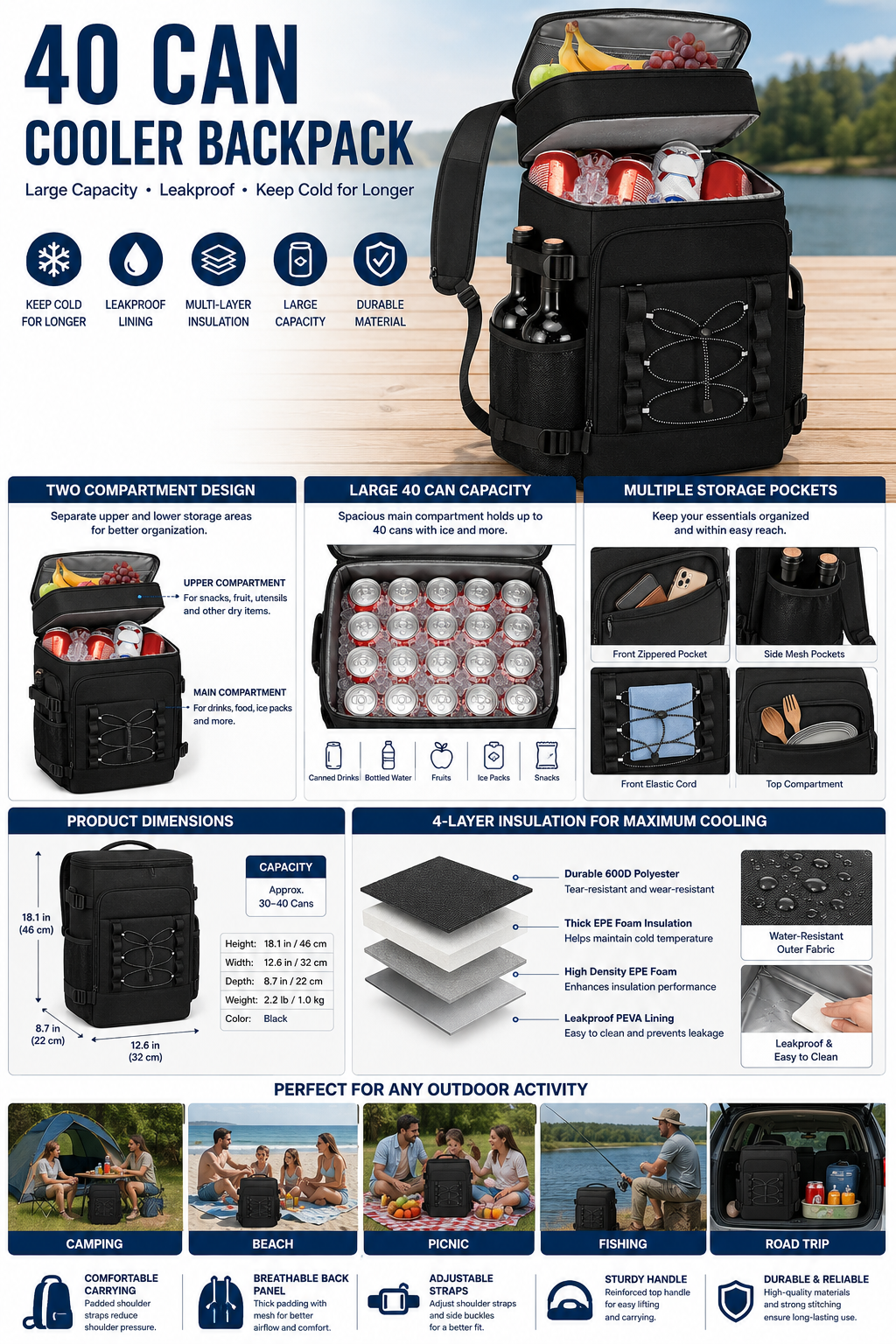 40 Can Cooler Backpack, Leakproof Insulated Backpack Cooler for Men & Women, Large Capacity Soft Cooler for Camping, Beach, Picnic & Travel