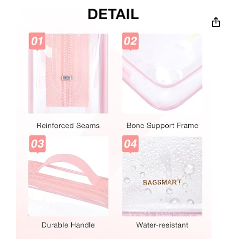 Clear Toiletry Bag with Handle 2-Pack TSA Approved, Pink | Water-resistant Travel Toiletry Bag, Carry On Travel Accessories Bag, Airport Airline Quart Size Bags Women Men, Makeup Bag