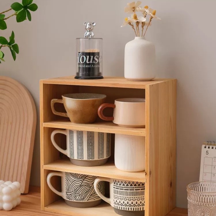 Solid Bamboo Desktop Storage Box with Dust-proof Feature Multi-layered for Office or Living Room for Cup Coffee Tea Pot Use