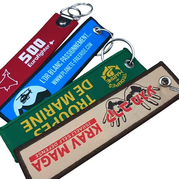 Polyester Customized Keyring Embroidery Jet Tag Fabric Woven Keychain with Your Logo
