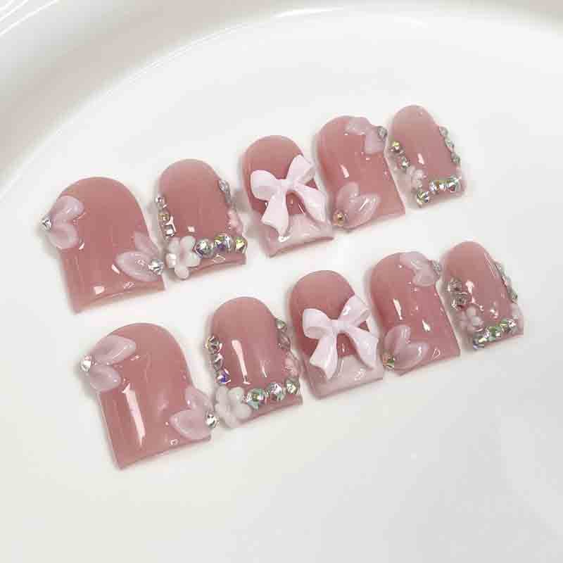 Handmade Press On Nails Short Square Pink 3D Bow Rhinestone Wholesale