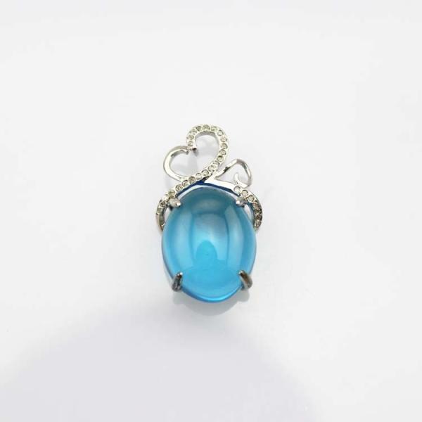 Sterling Silver Oval Created BlueTopaz Dome Cubic Zircon Gemstone Pendant  Silver Chain(PSJ0343)