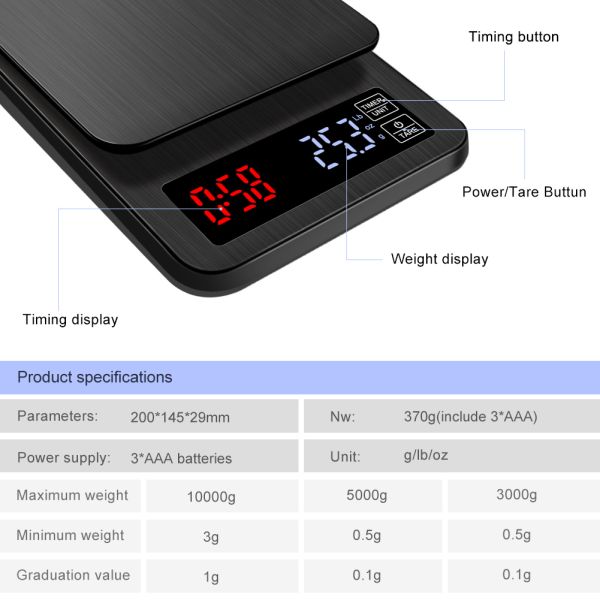 Mini LCD Digital Electronic Coffee Scale with Timer 5kg/0.1g Precision and 4 Unit Conversion for Kitchen Use