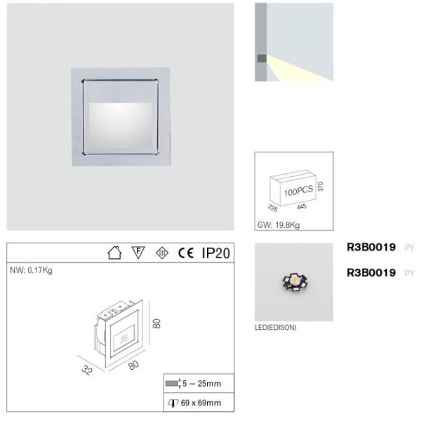 LED Stair Step Wall Light Recessed Mount Indoor Step Light Night Lighting R3B0019