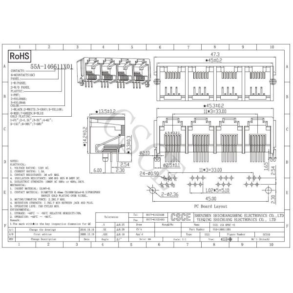 5521 Series-E Ganged Telephone RJ11 Connector , 1 * 4 Port RJ11 Female Jack With Brim