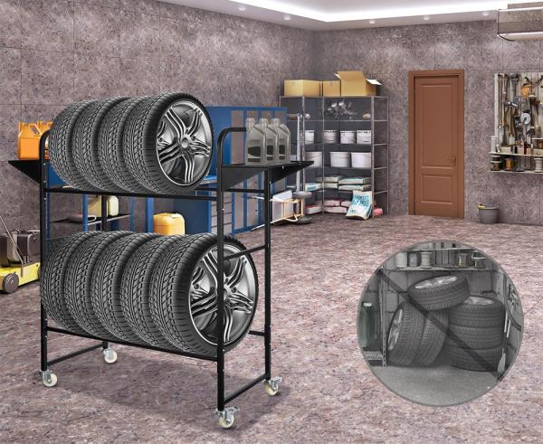 2 Layer Metal Display Stands Metal Rolling Garage Tire Storage Rack Shelving Polishing