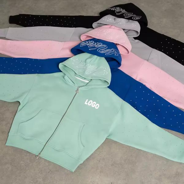 OEM Fashion High Quality Custom Embroidered logo Clothing Manufacturers Oversized Rhinestone Zipper Neoprene Hoodie for Men