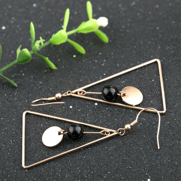Black Agate Long Earrings, Triangle Design Staineless Steel Earring, 18K Gold Color Earring