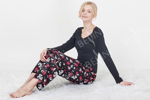 Black Women'S Nightgown Sets , Women'S 2 Piece Pajamas Sets  Lace Trimed