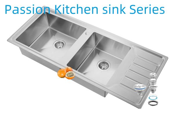 12050 Handmade Kitchen Stainless Steel Doubel Bowl Sink With Drainboard