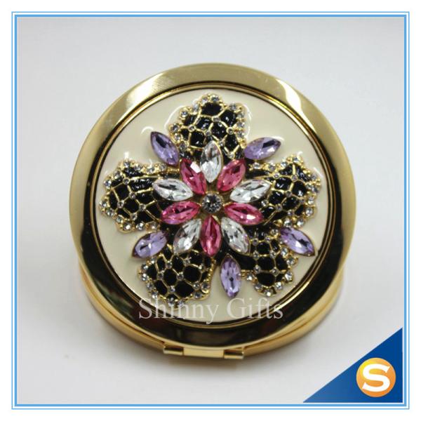 Shinny Gifts Luxury Rhinestone Flower Design Metal Compact Mirror Small Makeup Mirror For Girls Gift