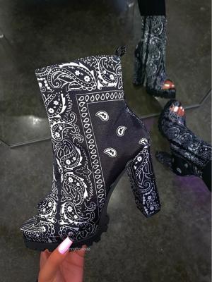 Folk Print 10cm Ladies High Heeled Boots Satin Platform Women'S Boots