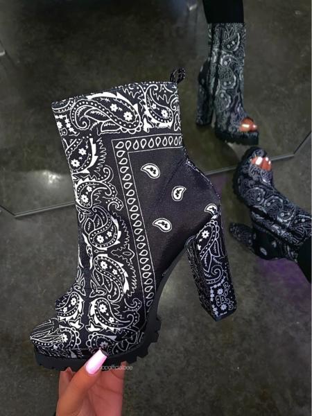 Classic ethnic print 4inch Ladies High Heeled Boots Size11 open toe hip ankle