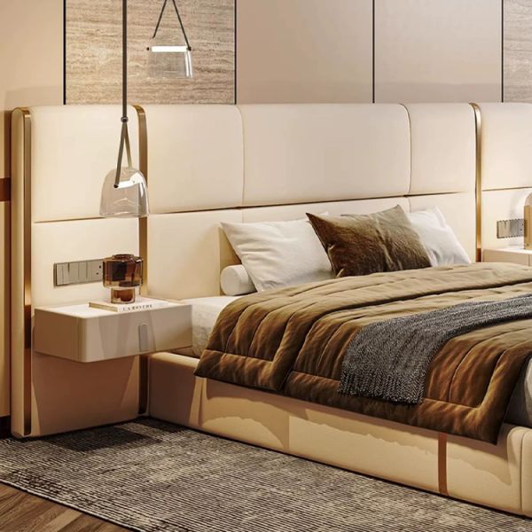Synthetic Leather Upholstery Material King Size Luxury Bed Frame Sets Modern Villa Bedroom Furniture Plywood Panel Type