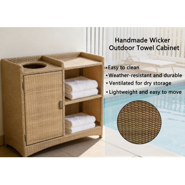 All in One Handwoven Rattan Towel Storage Solution with Towel Bin for Hotel Pool Resort
