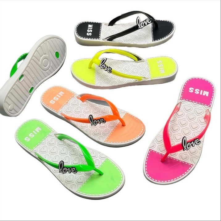 EVA Women Heart Embossed LOVE Letter Color Block Flip Flops