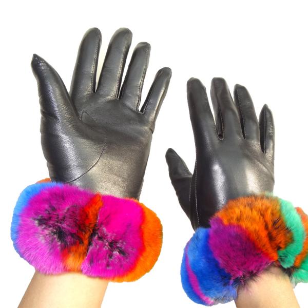 Beautiful Design Colored Leather Gloves , Rabbit Fur Gloves Black Color
