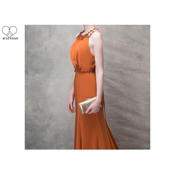 Orange Mermaid Ladies Party Wear Gown Long Tail Blue Beads Hanging Neck