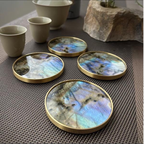 Emerald Blue Marble Coasters Handcrafted Marble Round Coasters For Office Decoration