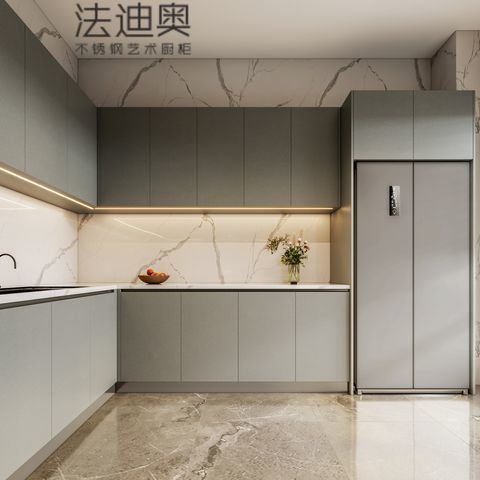 Gray L-Shaped Stainless Steel Kitchen Cabinet with Tall Appliance Storage